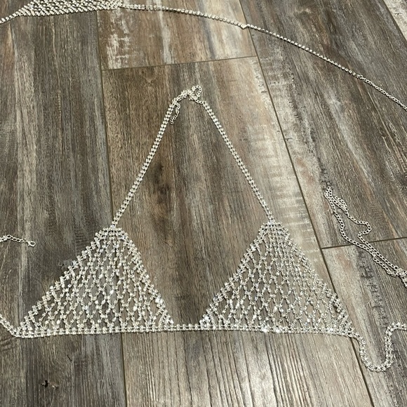 Sexy Body Chain Crystal Mesh Backless Halter Crop Top and Panties - Picture 3 of 12